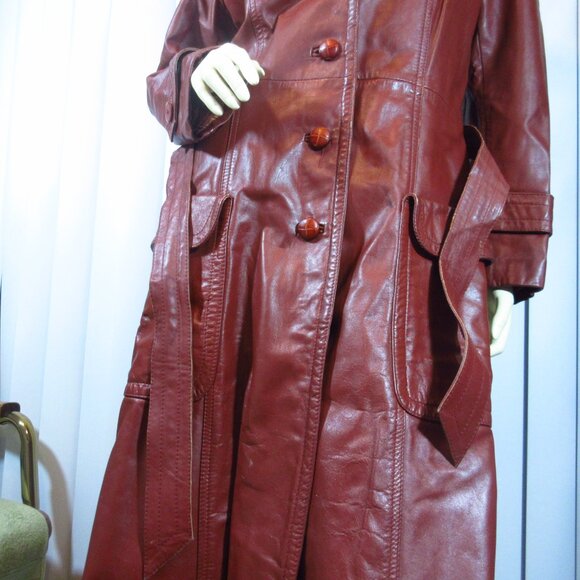 Vintage Genuine Leather Jacket Trench Coat S/Small Made in Korea Dark Red Maroon - Picture 11 of 16